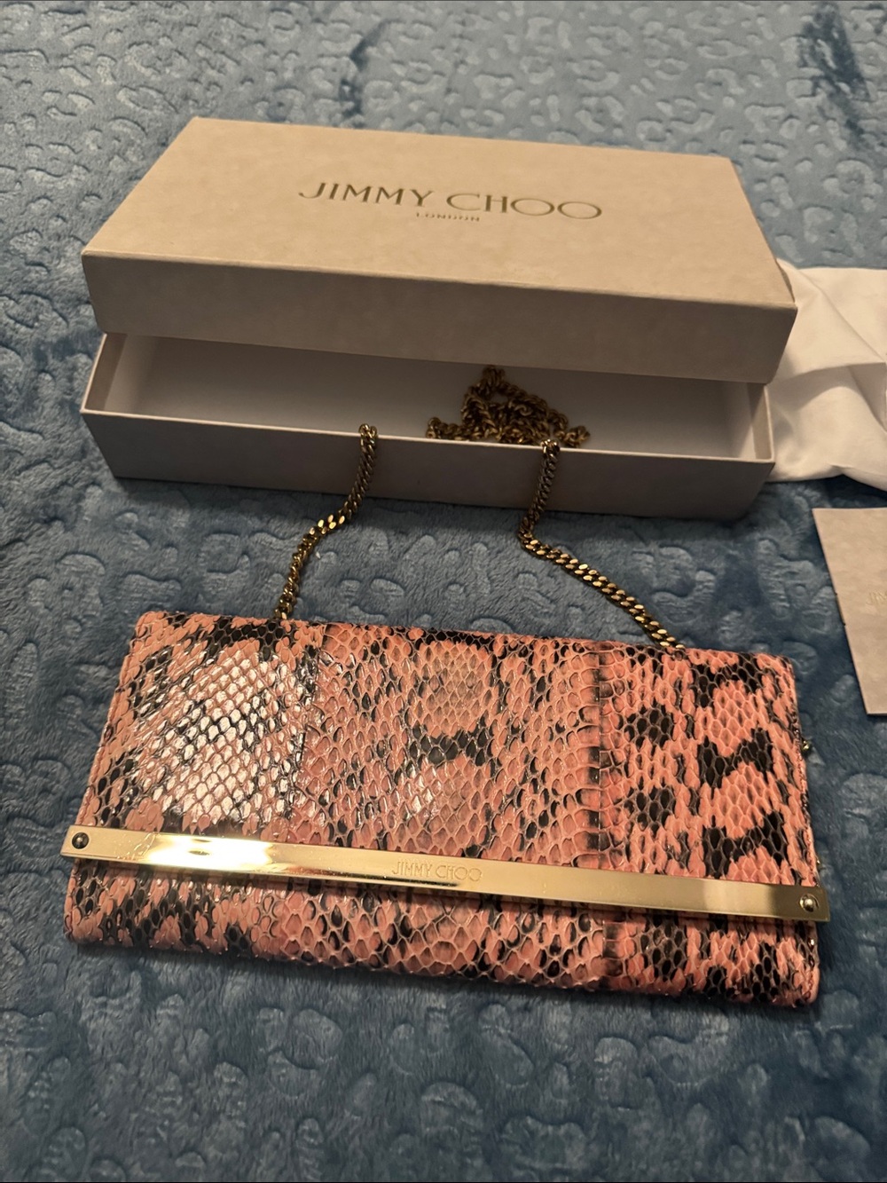 Jimmy Choo Pink Snakeskin Evening Clutch with Gold Bar and Chain